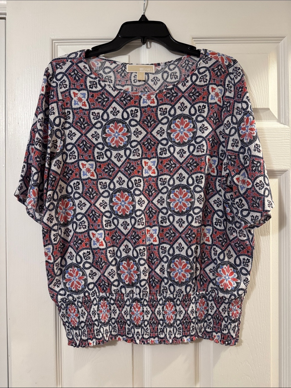 Michael Kors Navy, Coral and White Short Sleeve Geometric Floral Top